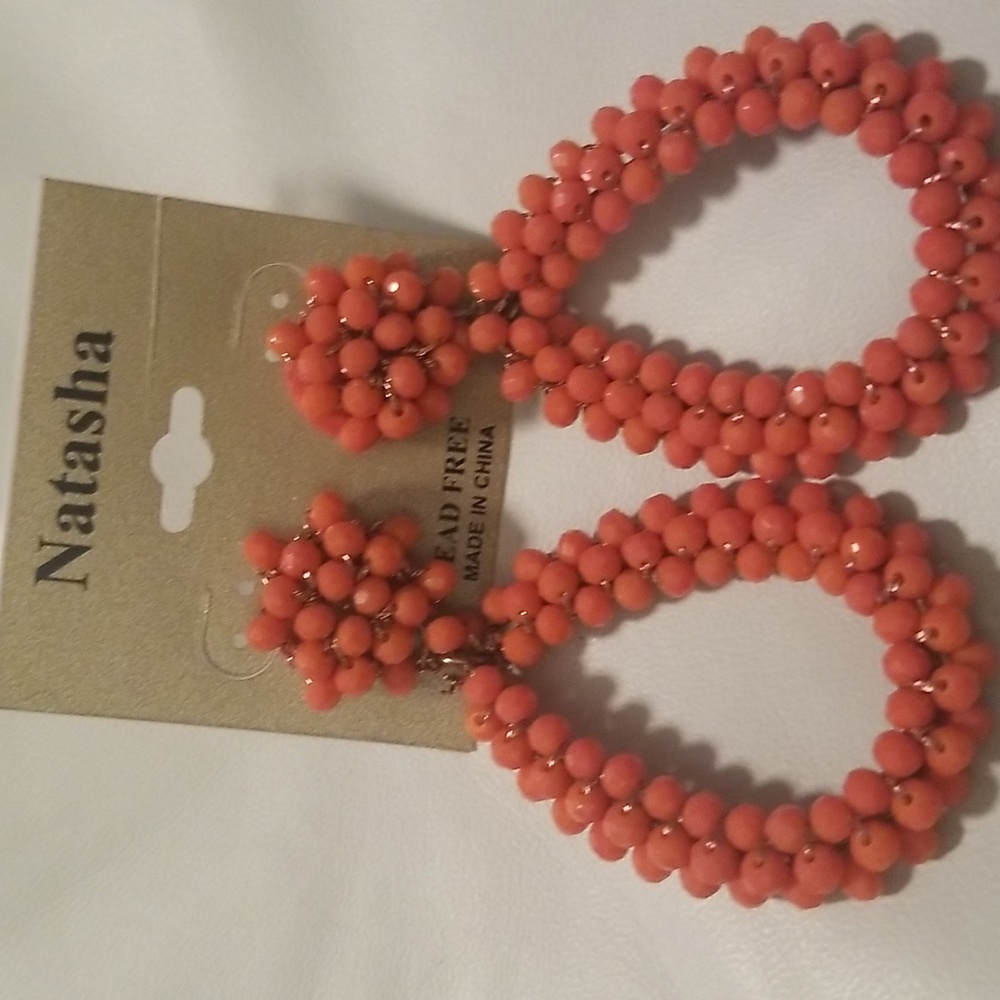 Natasha Coral Colored Beaded Hoop Earrings; Lead Free